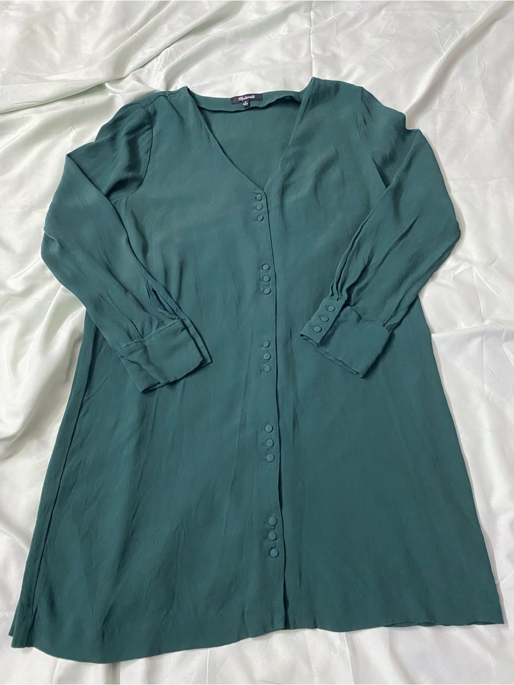 Madewell Teal Green Button-Front Mini Dress - Size M - Long Sleeve V-Neck - Picture 2 of 9